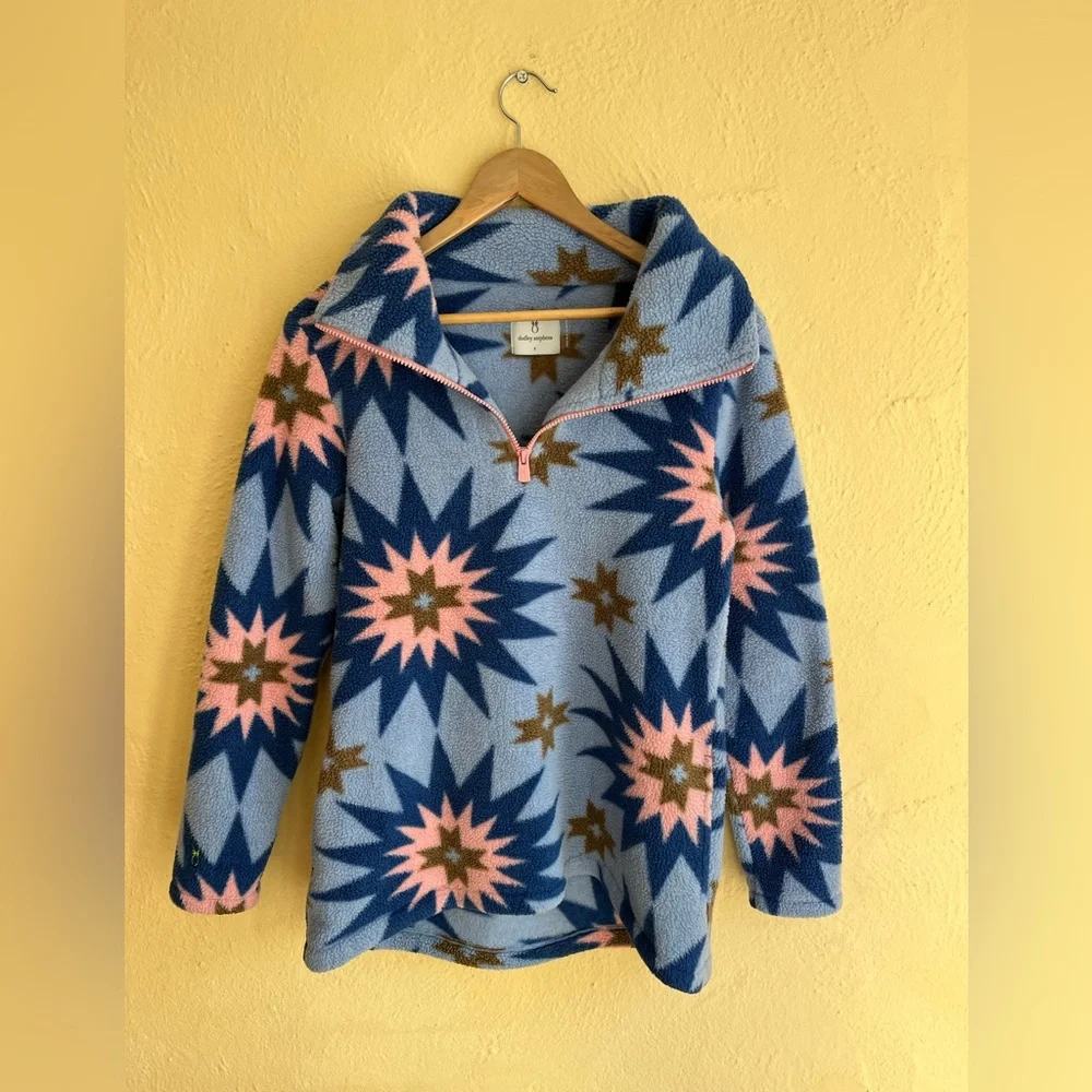 DUDLEY STEPHENS Fleece Half Zip Pullover Women S Blue Pink Americana Patchwork - Picture 2 of 10